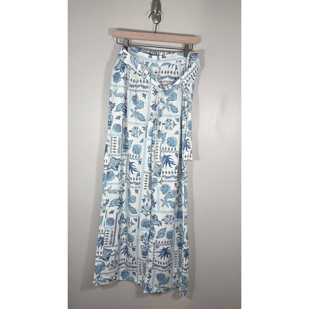 Coastal Mediterranean Wide Leg Linen Blend Pants Blue White Resort Vacation L